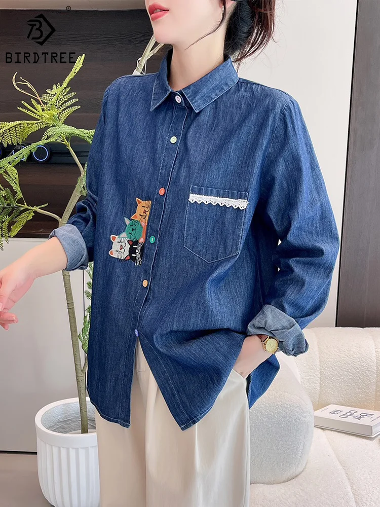 

New Autumn Denim Cotton Shirt Women Turn-down Collar Top Girl Long Sleeve Cartoon Embroidery Casual Loose Blouse Spring T30328QM