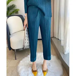 Pleated 2023 Summer Thin Crop Casual Suit Pants Women's High Waist Straight Tube Smoke Pipe Pants