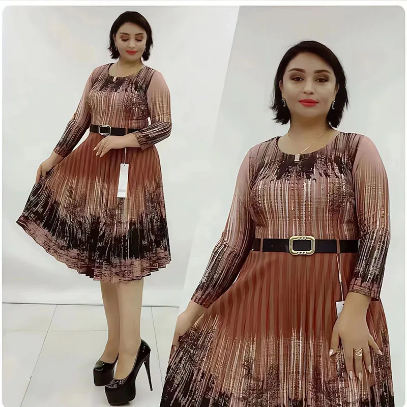 

Women Print Pleated Midi Dress XL-5XL Dashiki Autumn Elegant Office Ladies Work Wear Robe Africaine Femme Dubai African Clothing