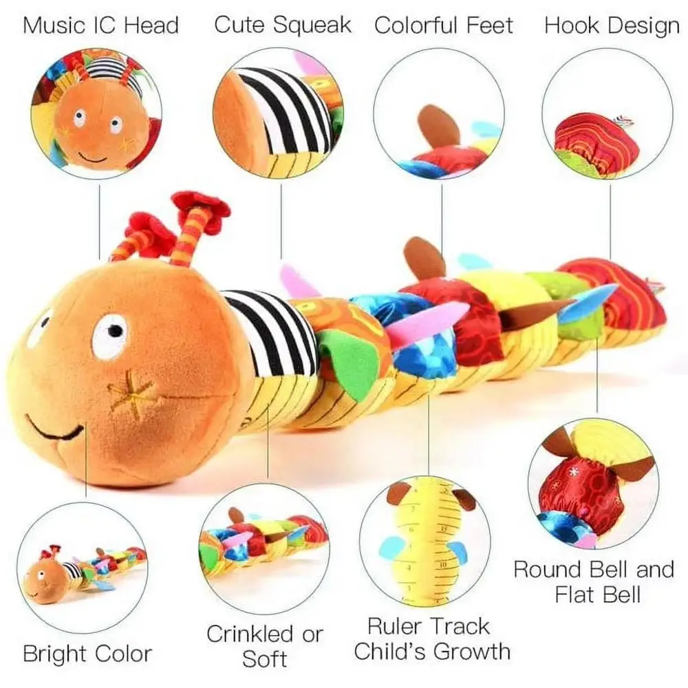 Musical Caterpillar Baby Toy Multicolor Sensory Stuffed Animals Crinkle Soft Toys with Ruler Design Bells and Rattles 5