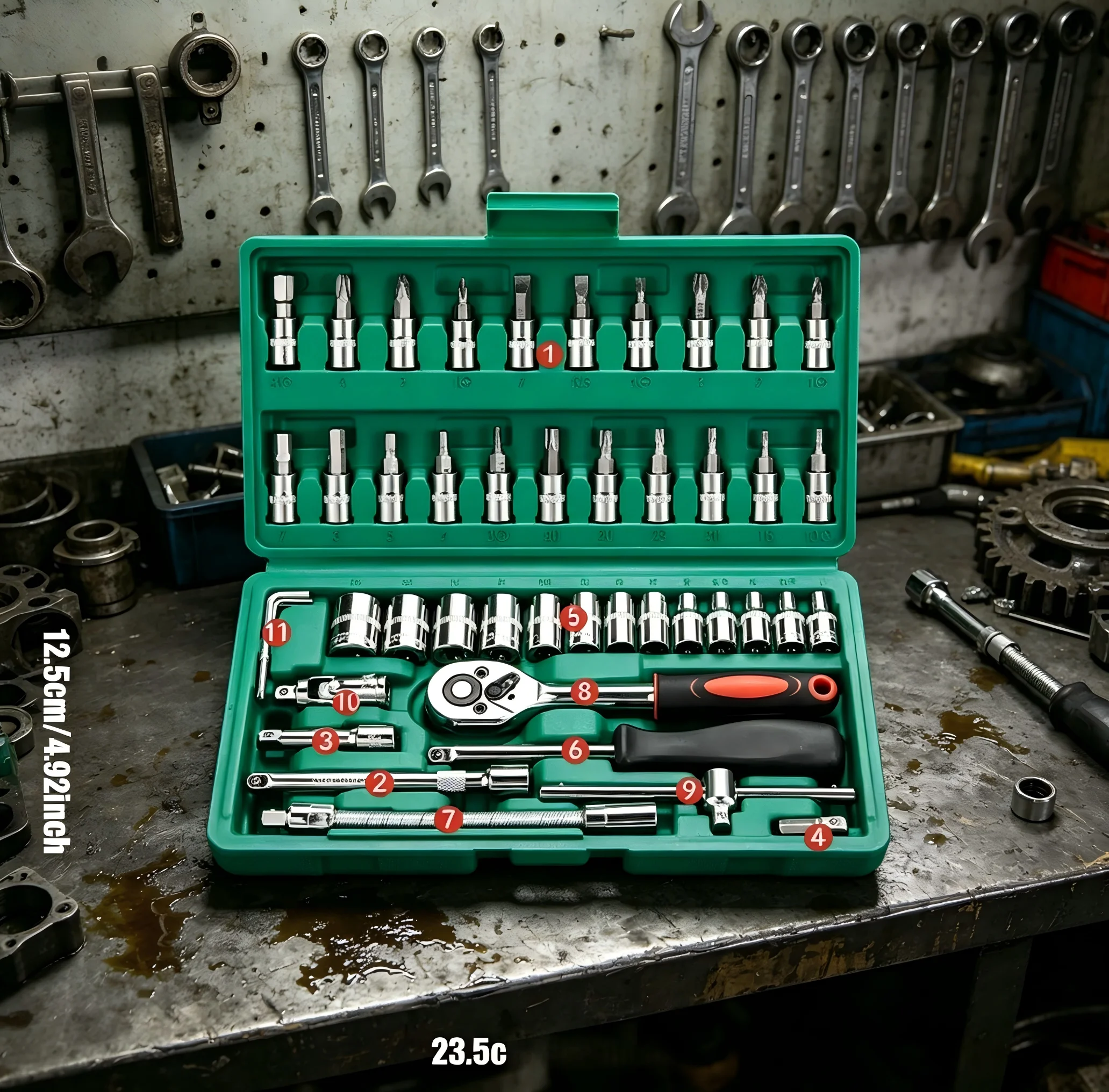 46-teiliges Familienwerkzeug-Set 1/4 Zoll Mechaniker-Werkzeugkoffer für Autoreparaturen mit Steckschlüsseln, metrischen Sechskant-Bits, Zoll-Ratschenschlüssel