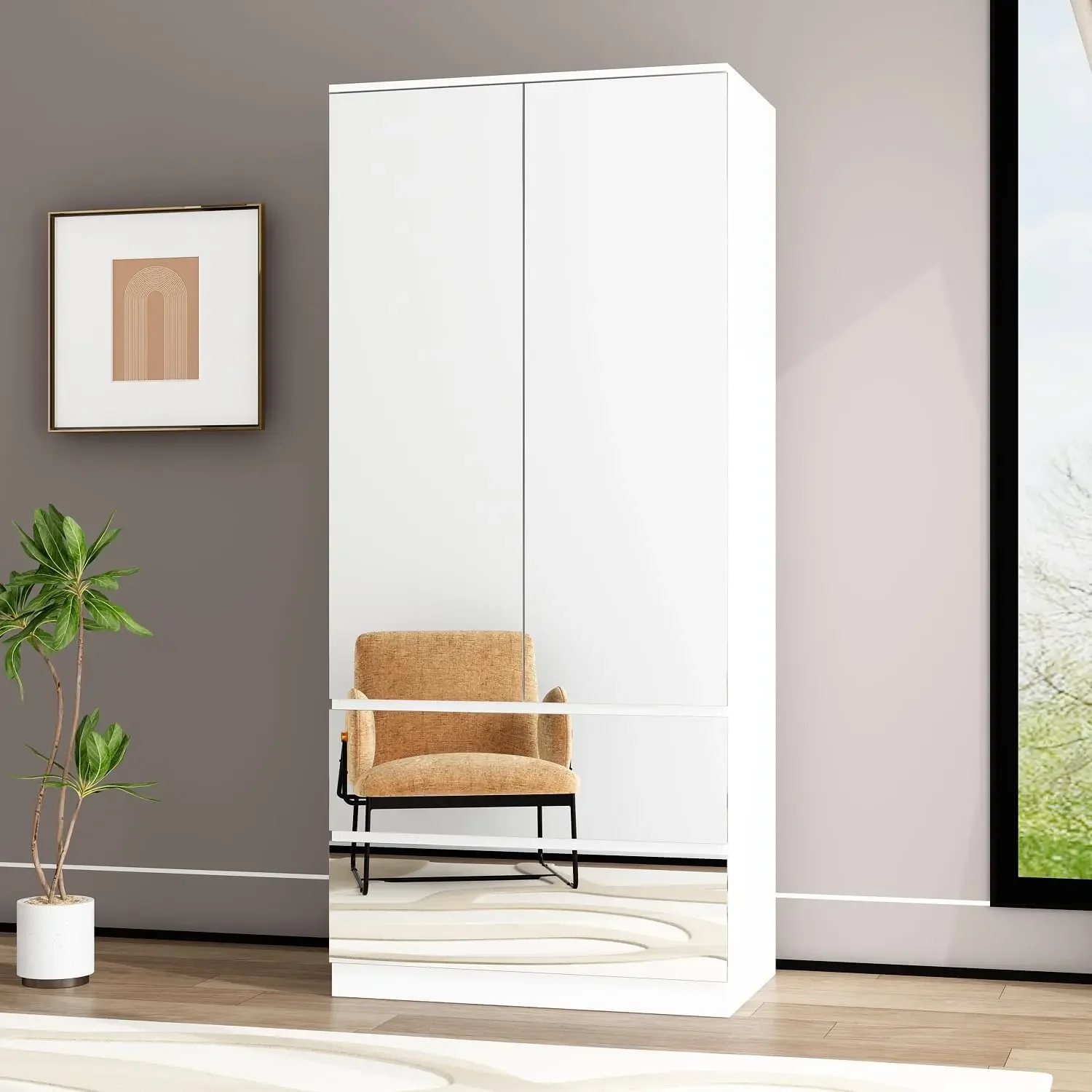 NEW-Wardrobe with Mirror Doors, White Bedroom Armoire with 2 Drawers, Hanging Rod, Mirrored Closet Modern Clothes Storage Cabine