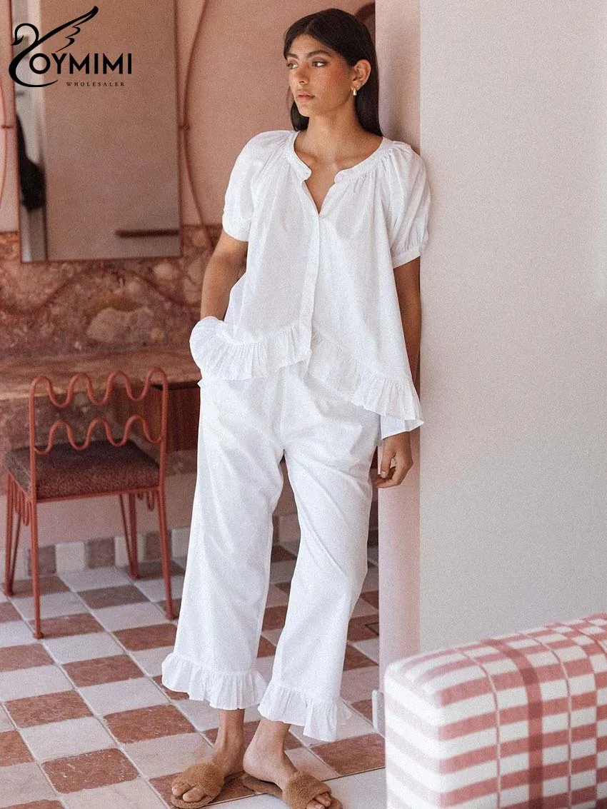 

Oymimi Casual White Loose Women 2 Piece Set Outfit Elegant Short Sleeve O-Neck Single Breasted Shirts And High Waisted Pants Set