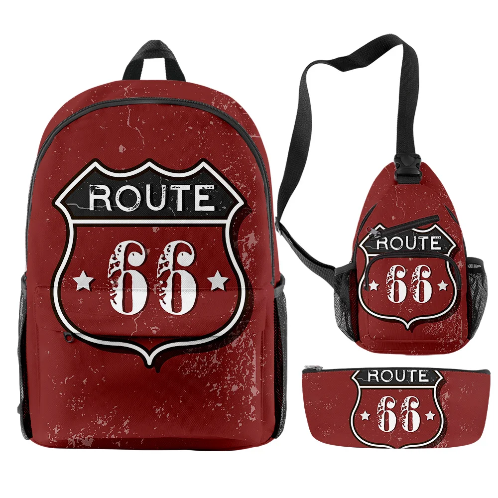 

Funny route 66 3pcs/Set Backpack 3D Print Bookbag Laptop Daypack Backpacks Chest Bags Pencil Case