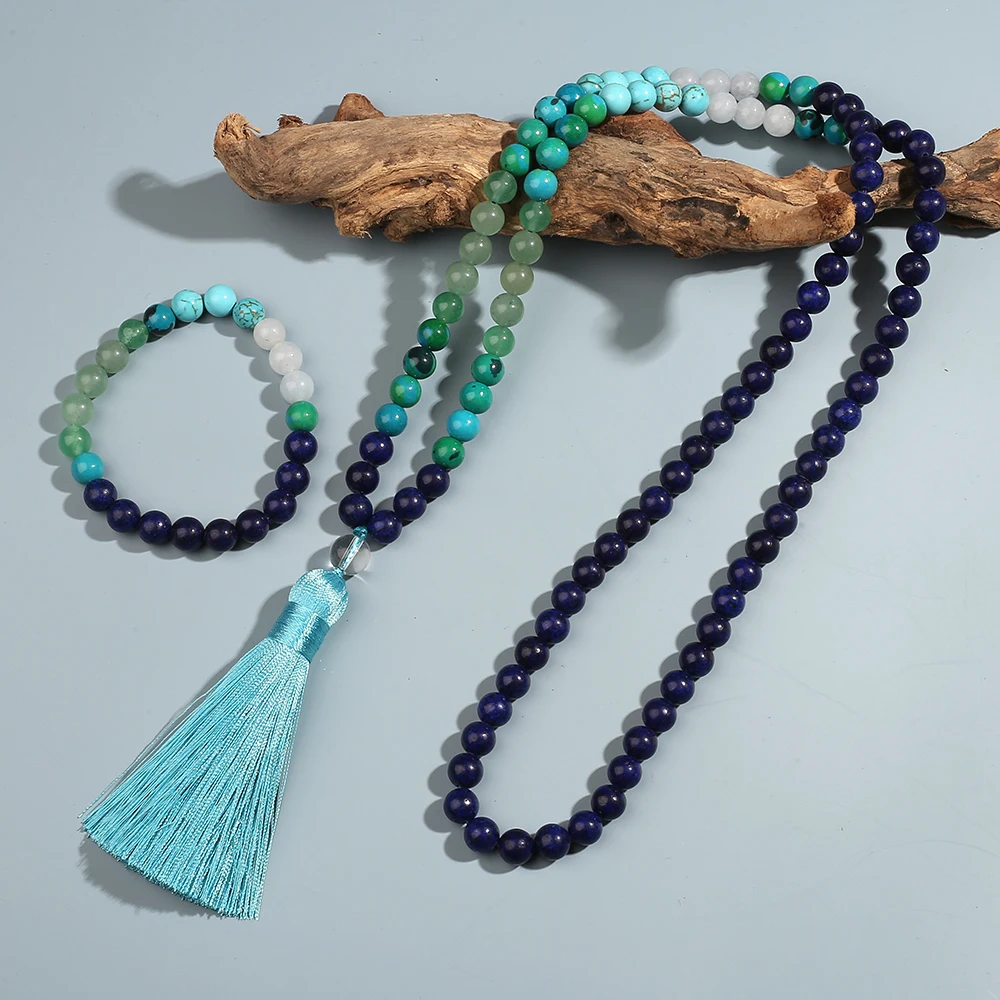 8mm Lapis Lazuli Phoenix Stone Turquoise Necklace Set 108 Mala Meditation Yoga Prayer Rosary for Men and Women Japamala Jewelry