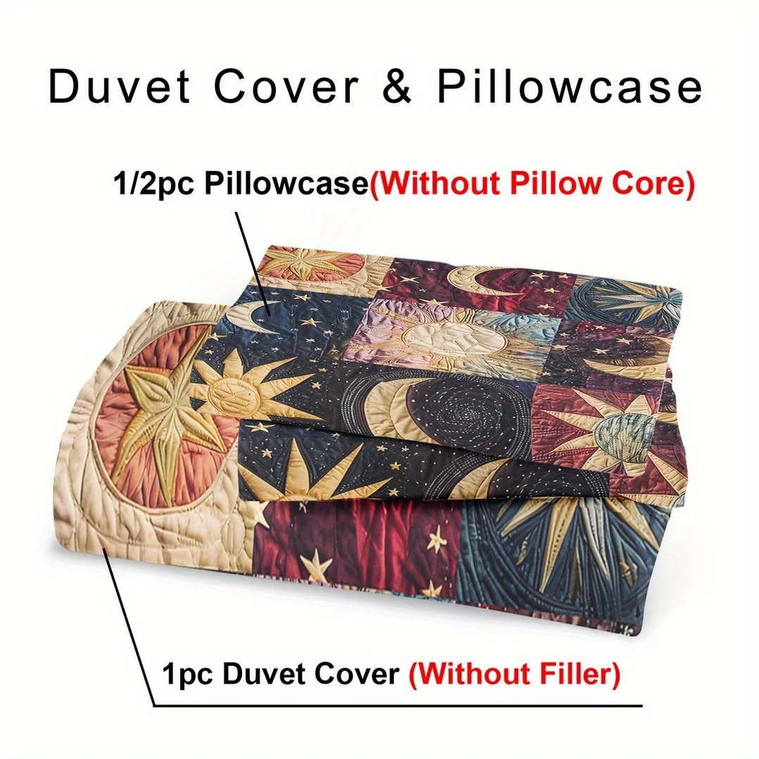 2/3Pcs Sun and Moon Print Duvet Cover Set, King Queen Size Polyester Bedding with Pillowcases, Machine Washable for Bedroom