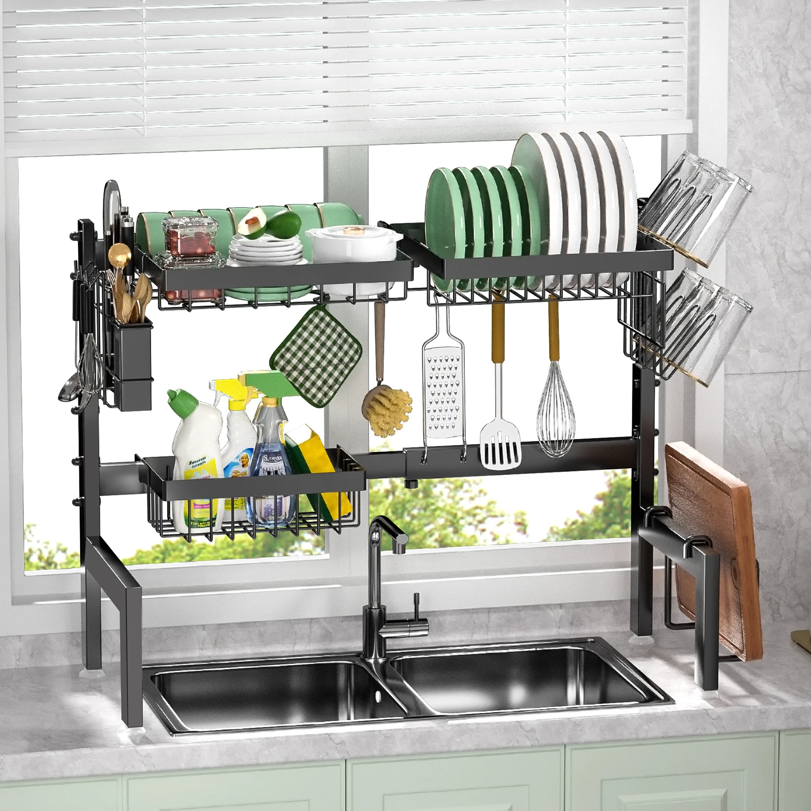 dish drying rack,Telescopic extension tableware storage rack above the sink,No need to punch holes,Suitable for kitchen supplies 2