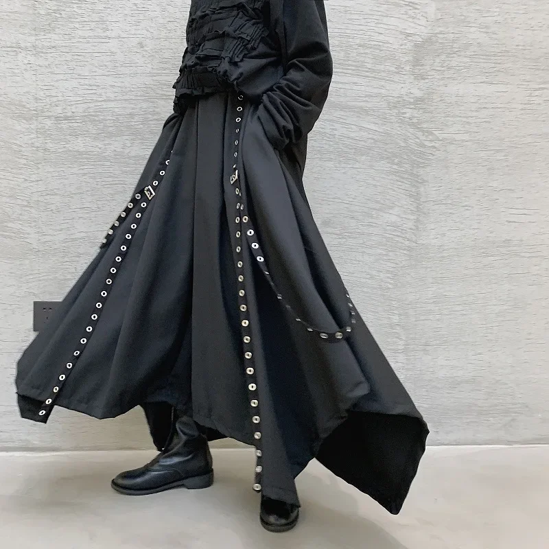 Wide Leg Pants Men Ribbon Dark Black Wide Leg Pants