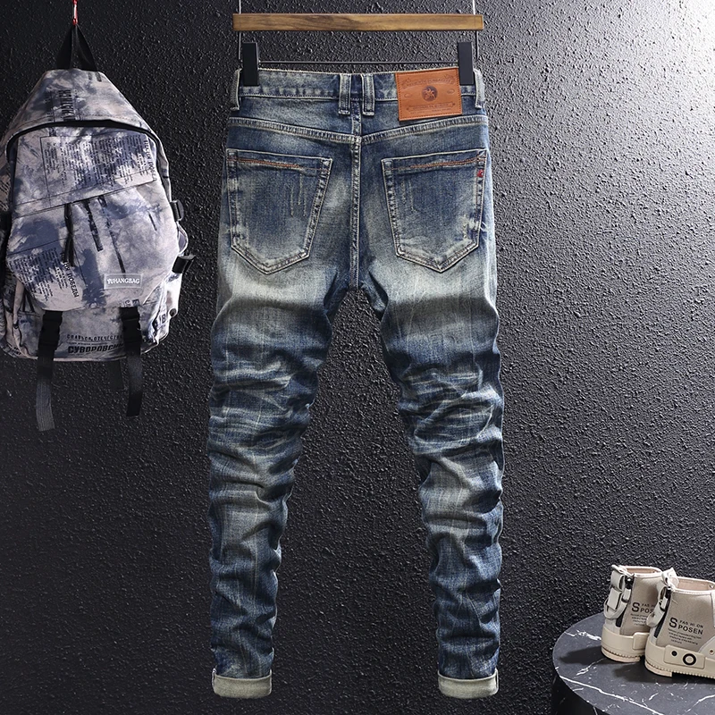 Fashion Designer Men Jeans High Quality Retro Blue Elastic Stretch Slim Fit Ripped Jeans Men Vintage Casual Denim Pants Hombre