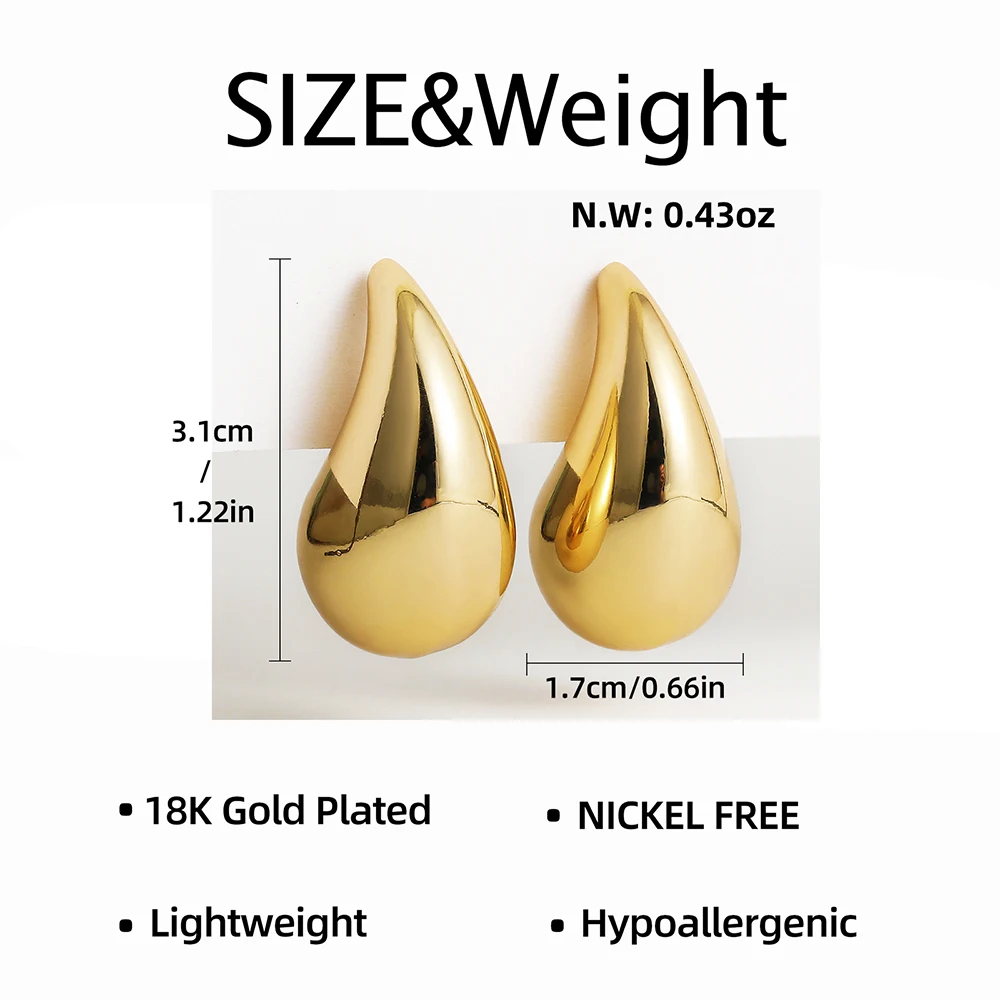 Drop Earrings Vintage Gold Plated Chunky Dome Drop Earrings for Women Glossy Stainless Steel Thick Teardrop Earrings Dupes Lightweight Hoops