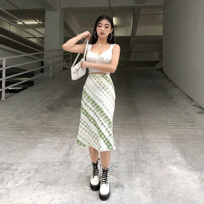 Spring  Summer New Fashion Tie Dyed Halflength Skirt Women's Skirt High Waist Long Skirt Leisure Girl Hip Wrap Skirt Green pink skirt