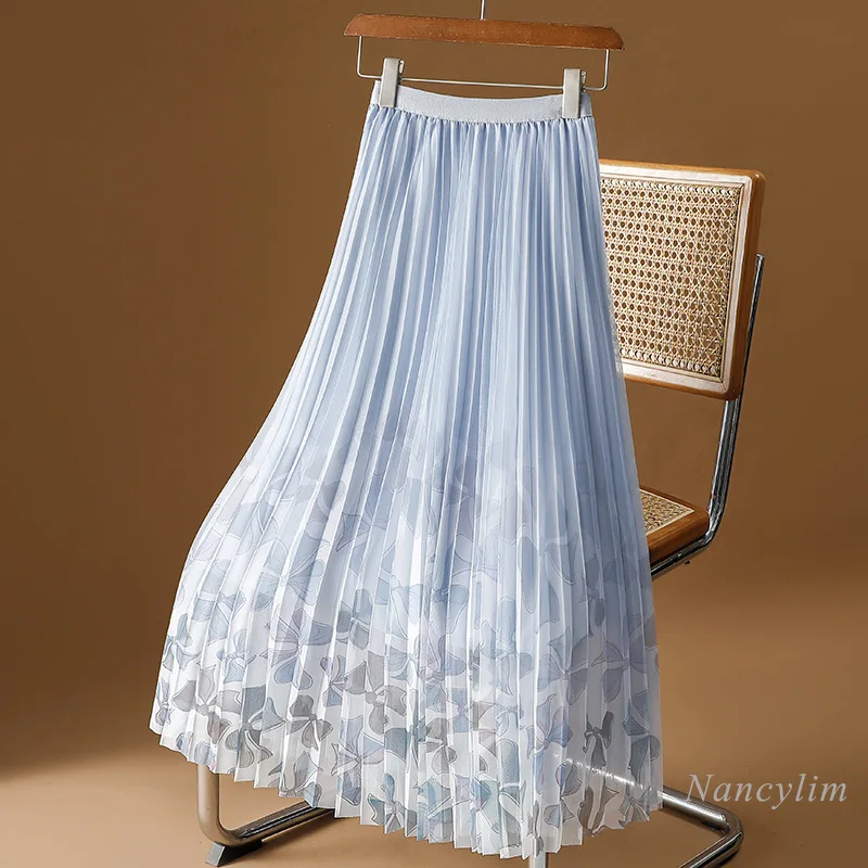 High Quality Printed Mesh Skirt Women's Summer 2024 New Floral Gauze Skirt Mid-Length Drape A- Line Pleated Skirts Street Daily