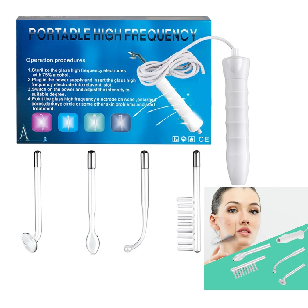 Portable Electrode High Frequency Facial Beauty Machine Electrotherapy Wand Glass Tube Face Cleansing Skin Tightening Device