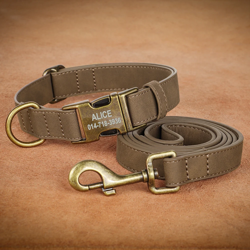 Personalized Dog Collar Leash Set Dogs Collar Walking Lead Rope Leather Pet Collars for Small Medium Large Dogs Pug