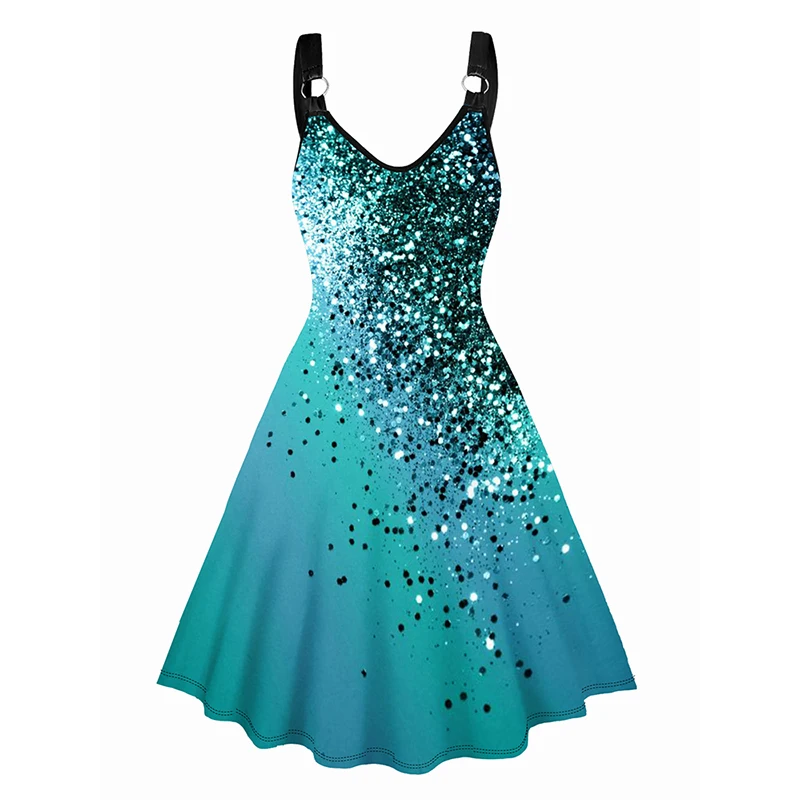 

Sequin Sparkling Print V Neck Dress O Ring Straps Sleeveless A Line Tank Dress 2024 Women Midi Summer Dresses