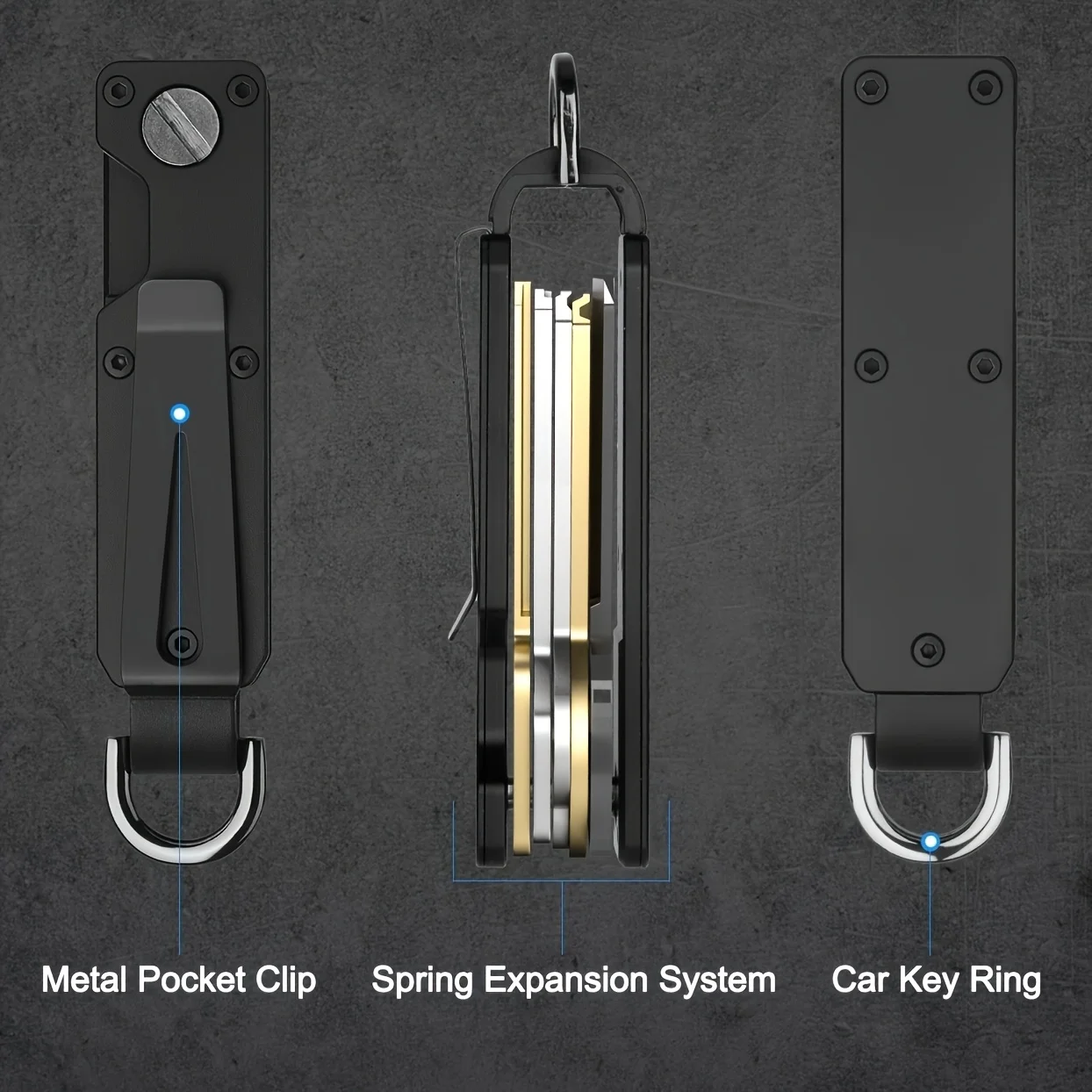 Sleek Black & Gold Compact Aluminum Key Organizer with Carabiner Clip