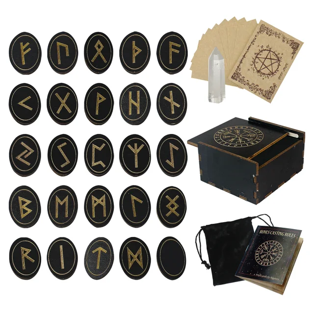 Rune Set 25 Pcs Wood Rune Set with Rune Guide Book Rune Stone Runas Kits for Witchcraft Beginner Meditation Divination Wiccan 2