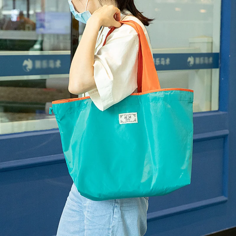 대용량 재사용 가능 식료품 가방, 접이식 쇼핑백, 클래시 드로스트링 백, 여행용 숄더백, 숙녀 토트베이