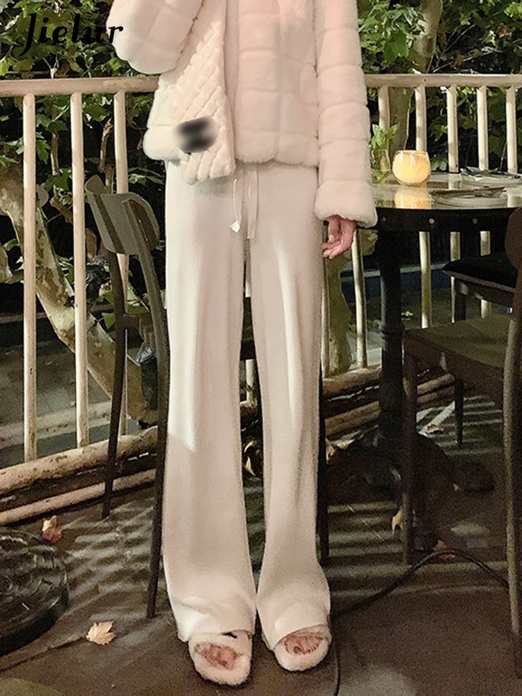 Jielur Women's High Waist Solid Color Straight Knitted Pants New Spring Autumn Korean Fashion Casual Women Loose Wide Leg Pants