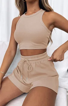 Women's Solid Waffle Textured Shorts Set, Co Ords for Women, Breathable O-Neck Crop Tank Top & Drawstring Shorts Two-piece Set 1