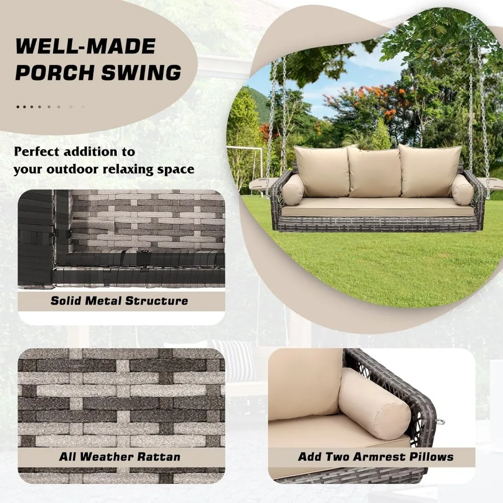 3 Person Porch Swing Patio Wicker Hanging Porch Swing Chair Outdoor Rattan Swing Bench with Cushion and Pillow for Garden, Yard 2