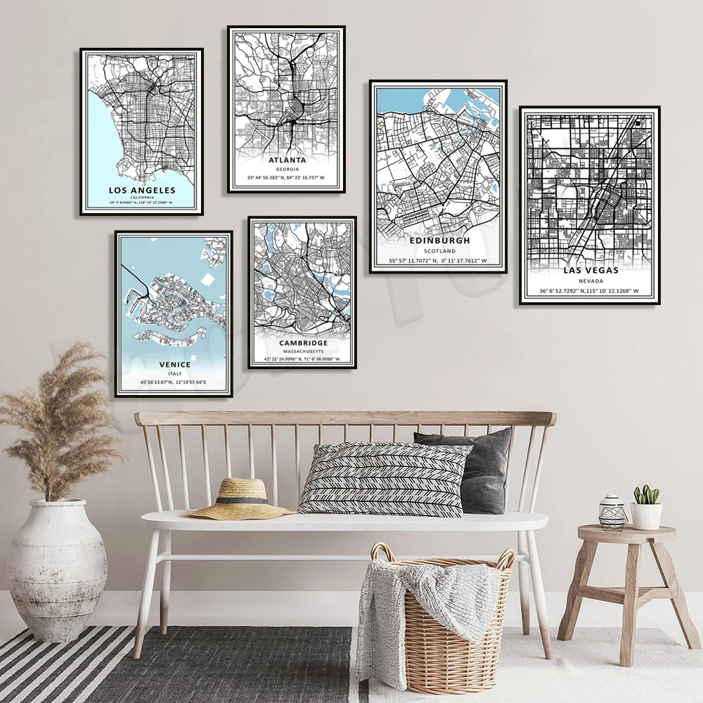Atlanta, Cambridge Ma, Regno Unito, Madrid Spagna, Italia, Venezia, Los Angeles California, Las Vegas Nevada, New York, Roma Mappa Poster