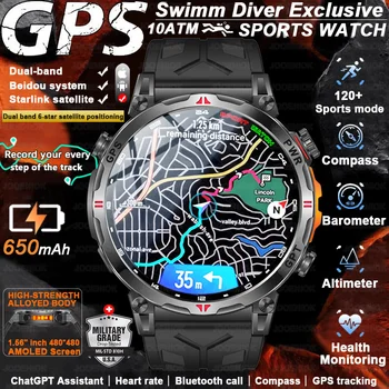 2026 Nuovo Sport All'aria Aperta Smartwatch Uomini GPS Posizionamento 650mAh HD Chiamata 1.56 pollici AMOLED Schermo Bussola 5ATM Orologio Impermeabile Uomo