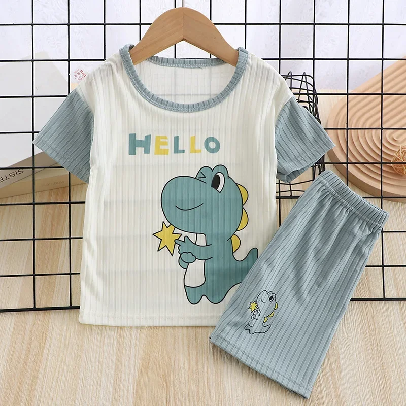 2024 Kids Boys Girls Summer Breathable Pajamas Cartoon Dinosaur Short Sleeve T-Shirt Tops with Shorts Toddler Baby Clothing Sets
