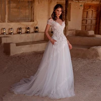 V-Neck A-Line Women Wedding Dresses Bright Tulle Bridal Gowns Newest Mopping Length Short Sleeves Princess 2024 Vestido De Novia 1