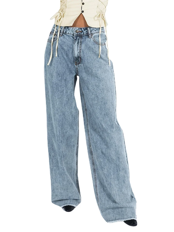 Women Casual Wide Leg Elastic Jeans Trousers