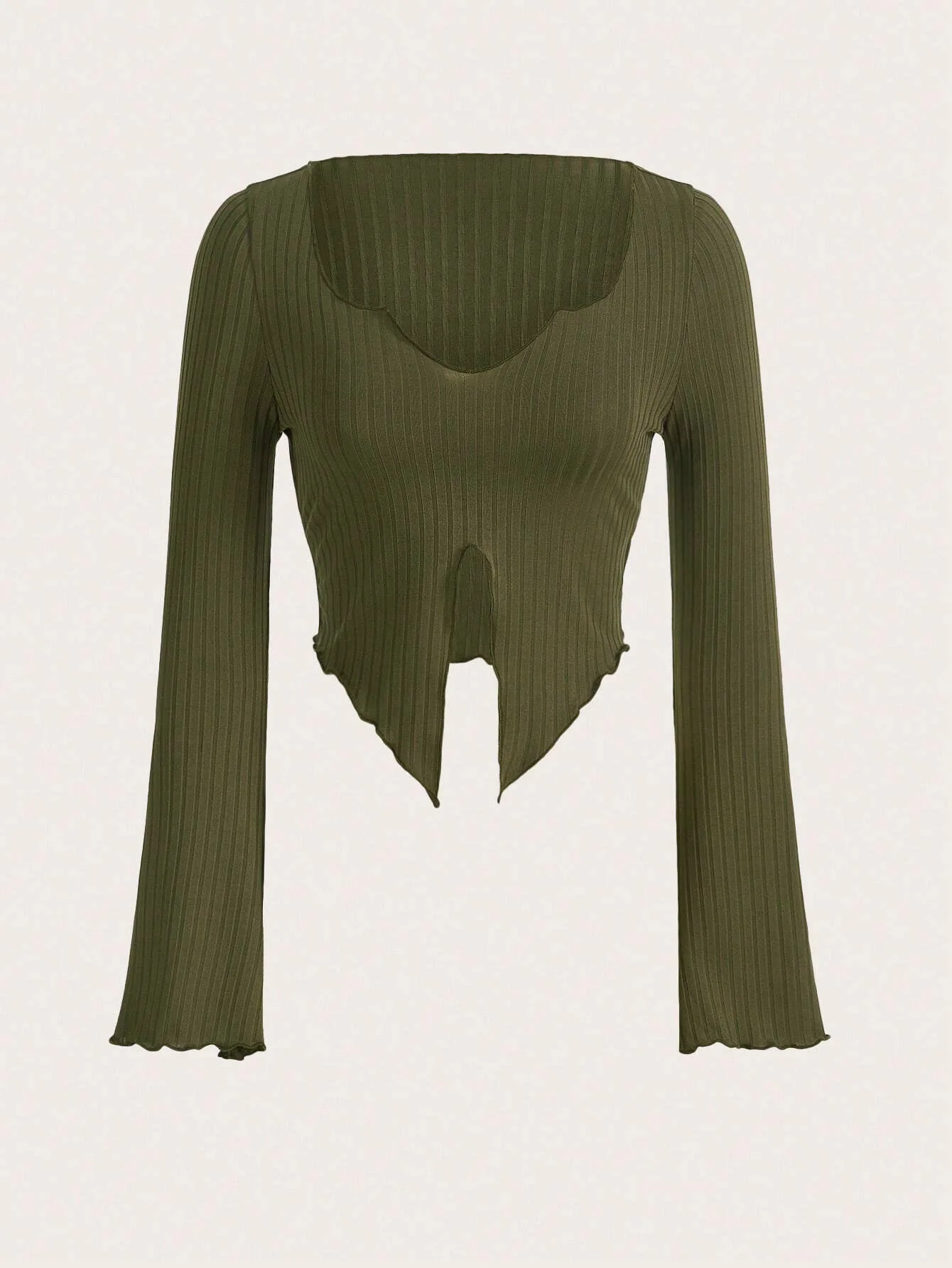 

2023 Autumn And Winter New Women's Clothing Asymmetrical Hem Horn Sleeve V-neck Slim Long Sleeve T-shirt Solid Color Crop Top