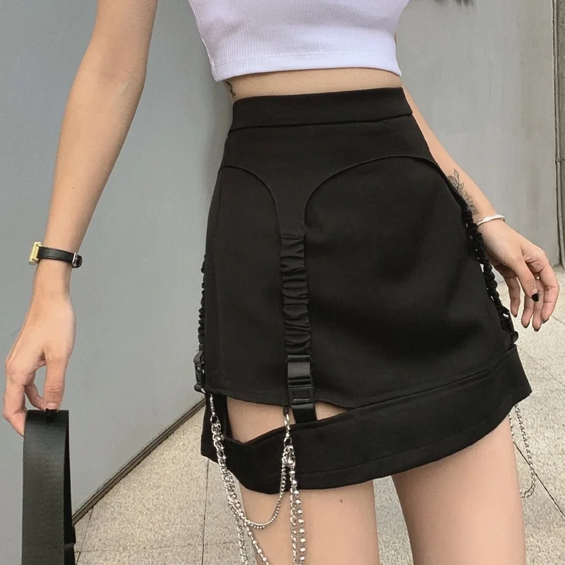 Women New Hip Pop Chain High Waist Gothic Mini Skirts Black Hole Bodycon Summer Warp Plus Size Pencil Skirts Female Streetwear 96 hole pencil