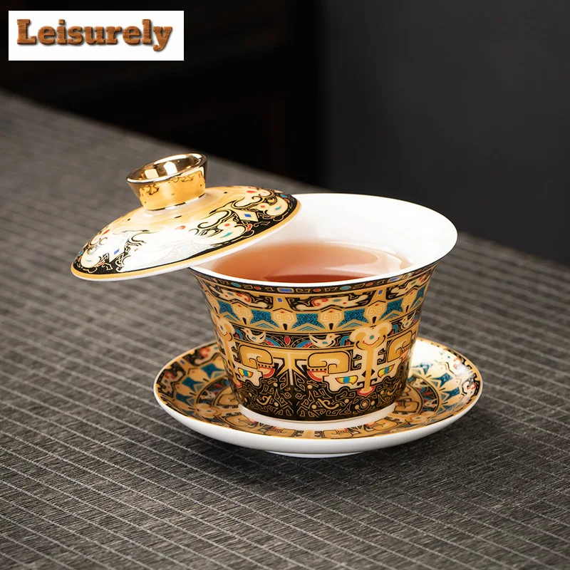 Chinese Thangka Gilded Gaiwan Boutique Enamel Color Hovering Lid Tea Tureen Tea Making Cover Bowl Chinese Set Ornaments Gift