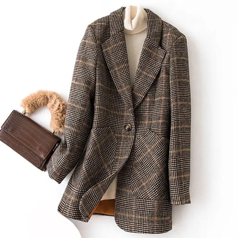 Autumn Winter Vintage Women Plaid Suit Woolen Jacket Ladies Slim Casual Wool Blazer Single Breasted Coat 2023 Oversized Women