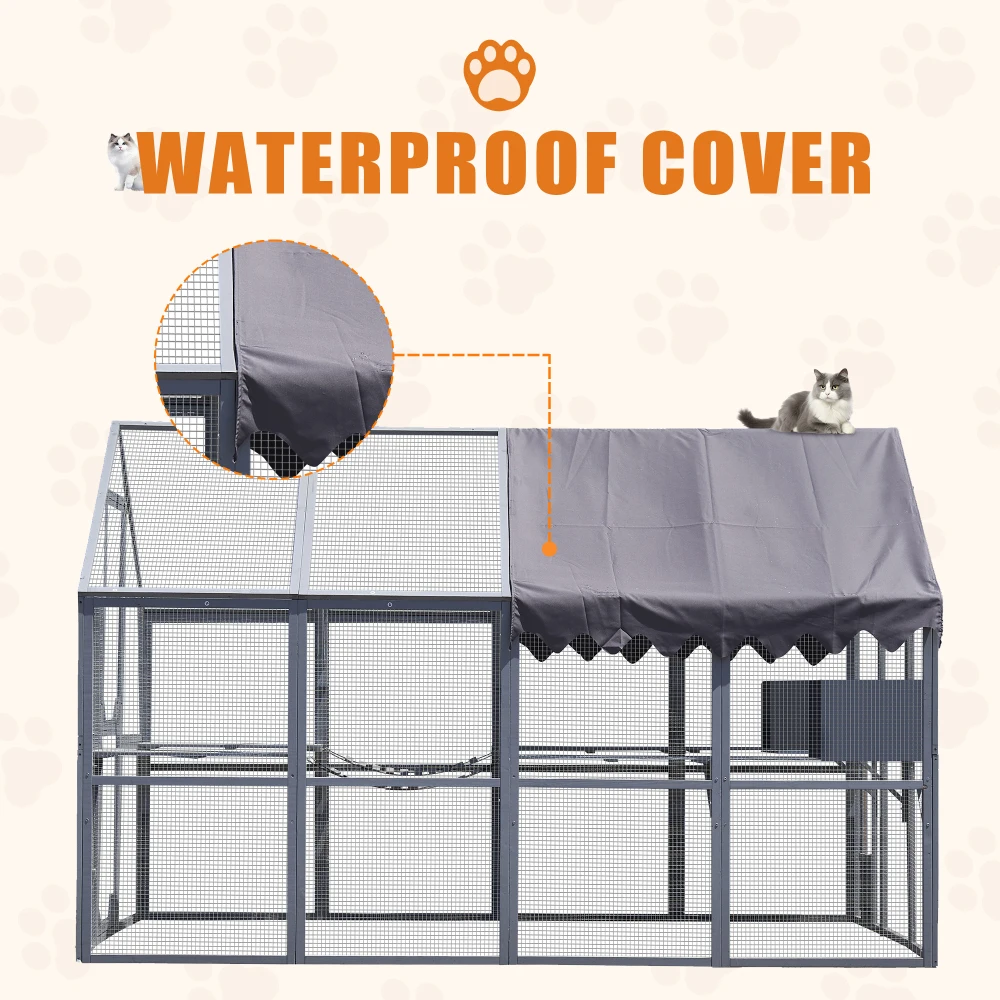Outdoor Cat House Cat Enclosures 110" Large Kitten Playpen Platforms Upgrade Waterproof Cover Grew White