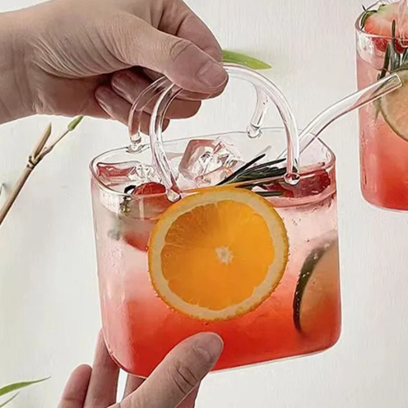 Trendy Glass Handbag Drinkware Set - with Tray, Creative Fruit Juice/Cocktail Cup for Bar/Pub, Stylish Bistro Glassware