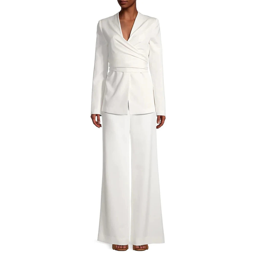 Esmoquin de boda blanco para mujer, ropa Formal, chaqueta de abrigo, plisado, 2 piezas, pantalones sueltos de pierna, trajes para madre de la novia