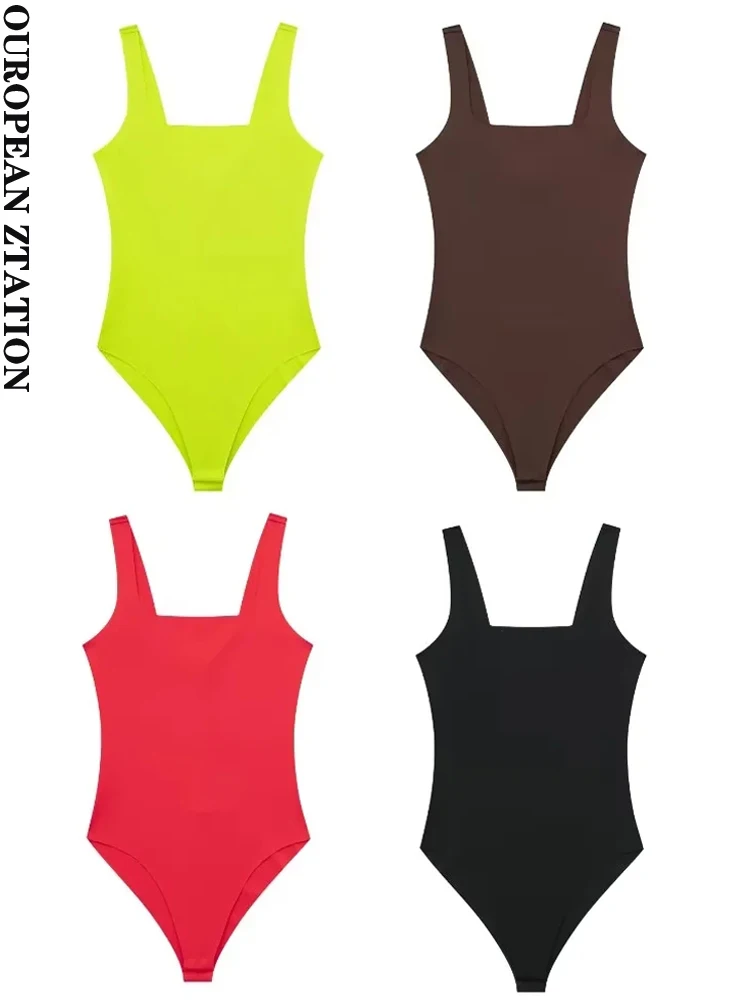 

PAILETE Women 2023 fashion fitted stretch bodysuits vintage wide straps snap-button female playsuits mujer