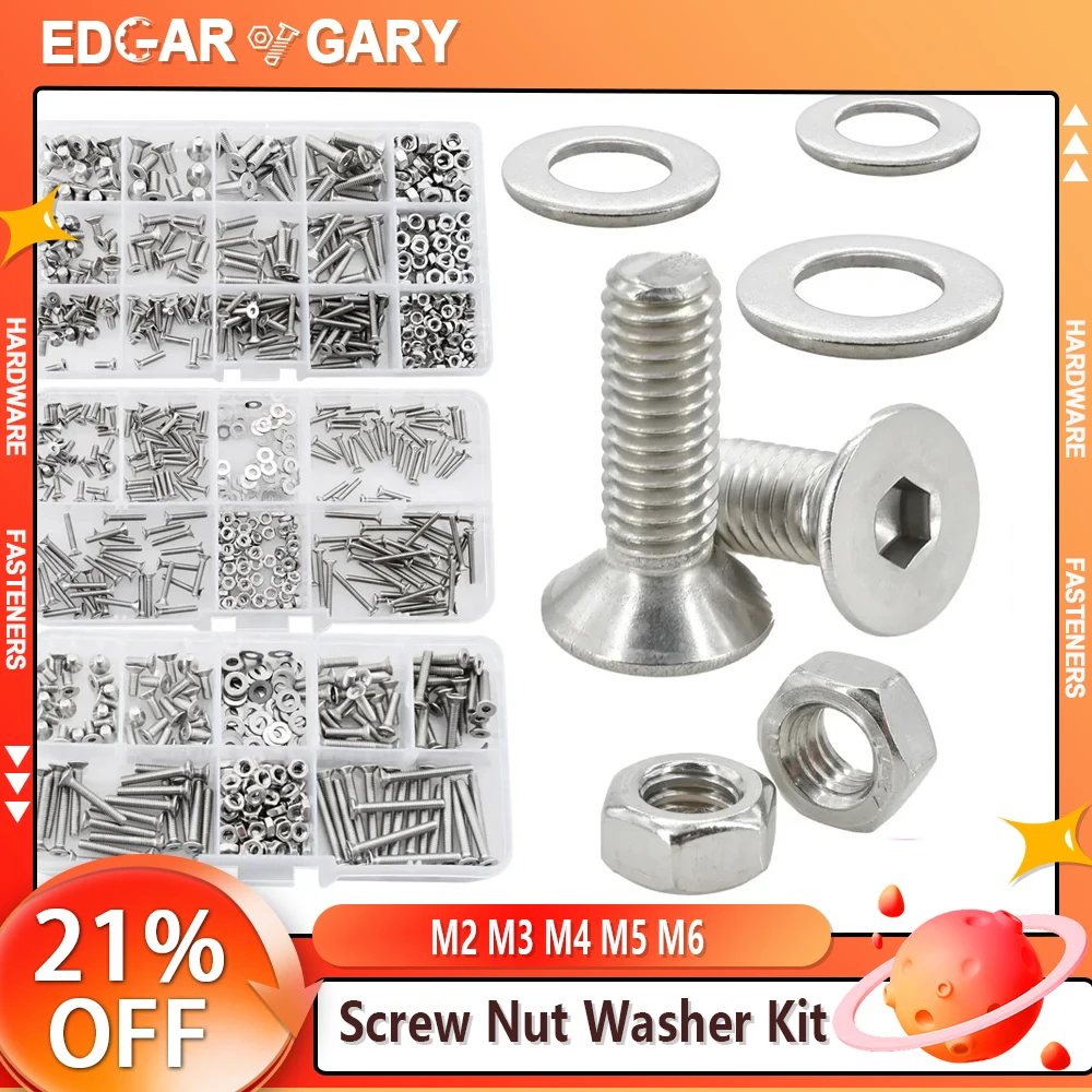 Parafuso Parafuso Nut Washer Kit m2 m3 m4 m5 m6 Máquina Escareada Junta Hex Allen Nuts Grupo Variedade Aço Inoxidável 304