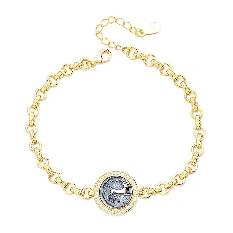 

TZ-4 ZFSILVER Silver S925 Fashion Trendy Luxury Retro Gold Rabbit Sicily Ancient Coin Bracelets Women Girl Wedding Party Jewelry