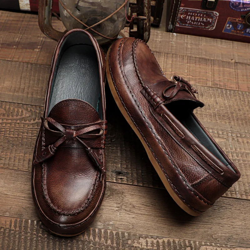 EURO Size Super Soft Genuine Leather Men's Bow-knot Loafer Leisure Businessman Concise Driving Car Shoes Lighweight Flats