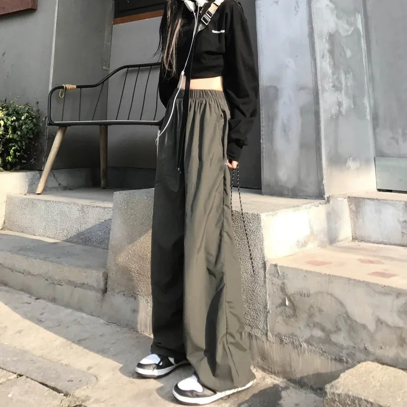 Harajuku Fashion Women Cargo Sweatpants Spring Autumn New Solid Pocket High Waist Thin Casual Straight Loose Sport Trousers 2023