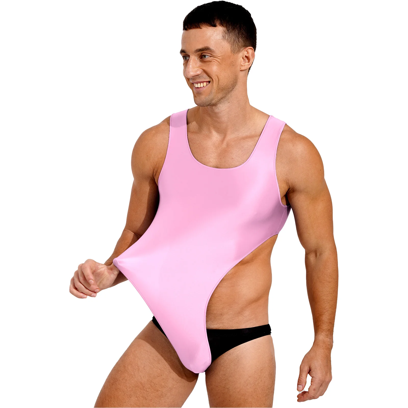 Men Solid Color Glossy High Cut Mankini Swimwear Sleeveless One-Piece Swimsuit Bodybuilding Workout Fitness Gym Sport Bodysuit