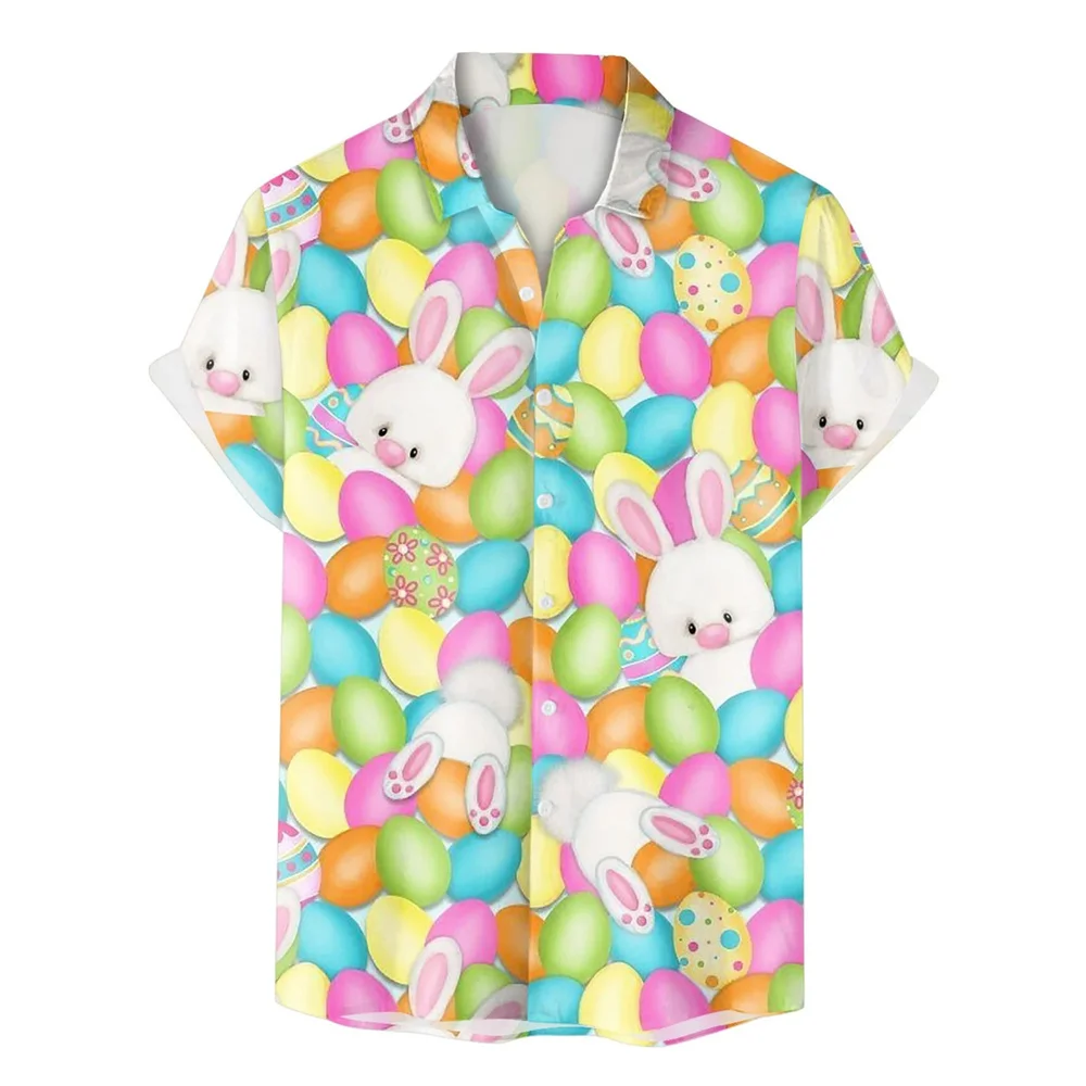 Happy Easter Day Kawaii Men Cartoon Rabbit Hawaiian Shirts 3D Printed Beach Shirt Women Clothe Kids Colored Egg Shirt Button Top 3