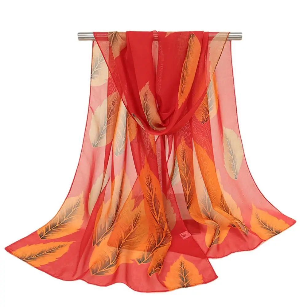 New Leaf Chiffon Printed Silk Scarf Women Sunscreen Shawls And Wraps Female Hijab Stoles Dance Gauze Travel Beach Towel