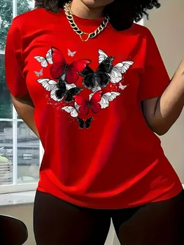 Women's Red Butterfly Heart Print T-Shirt Short Sleeve Round Neck Casual Top for Spring Summer & All-Season Wear 1