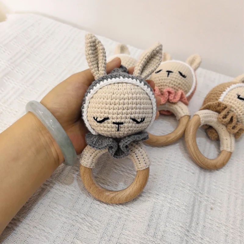 Baby Wooden Teether Crochet Cartoon Bunny Baby Rattle Toys Wooden Ring Rodent Toys Mobile Gym Kids Newborn Educational Toys Hand 2