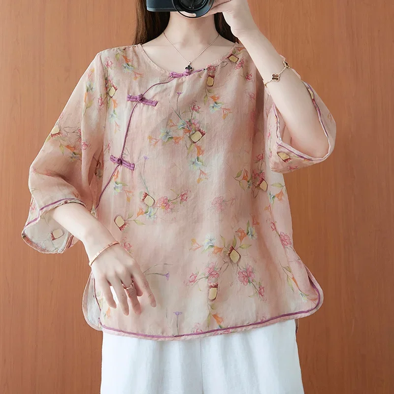 

Summer Cotton Linen Print Chinese Blouse Women China Traditional Vintage Loose Ethnic Style Shirt Tang Suit Thin Cheongsam Tops