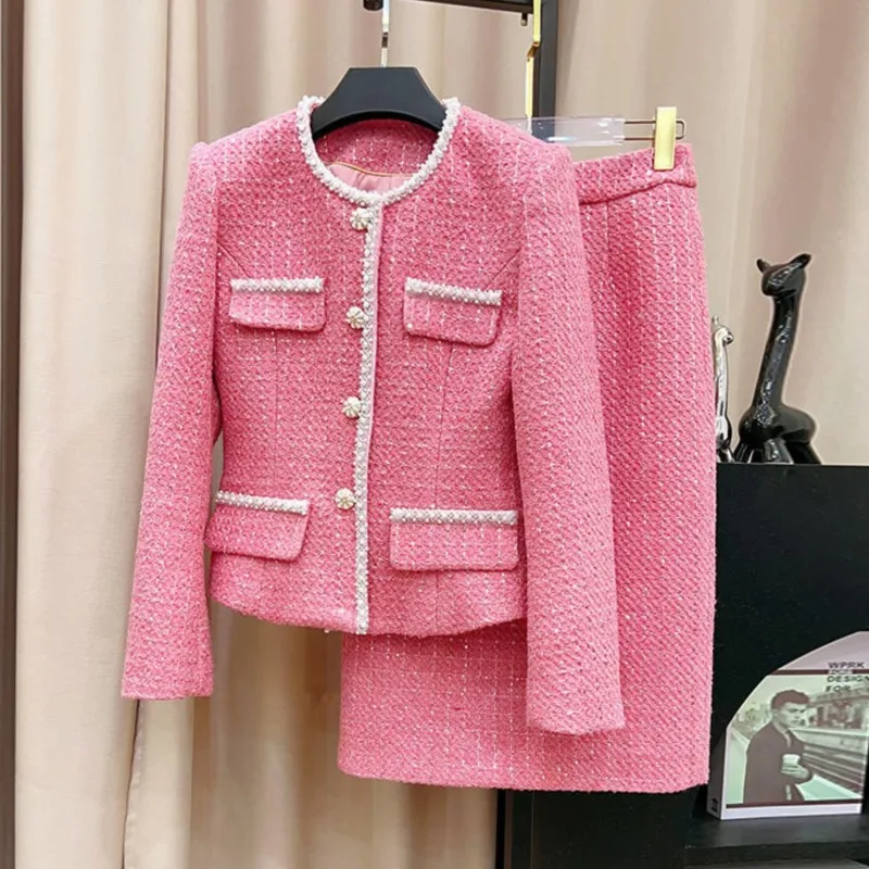 

Rose red Professional suit tweed jacket + skirt spring / autumn women's Coat Business ladies 2 piece skirt sets
