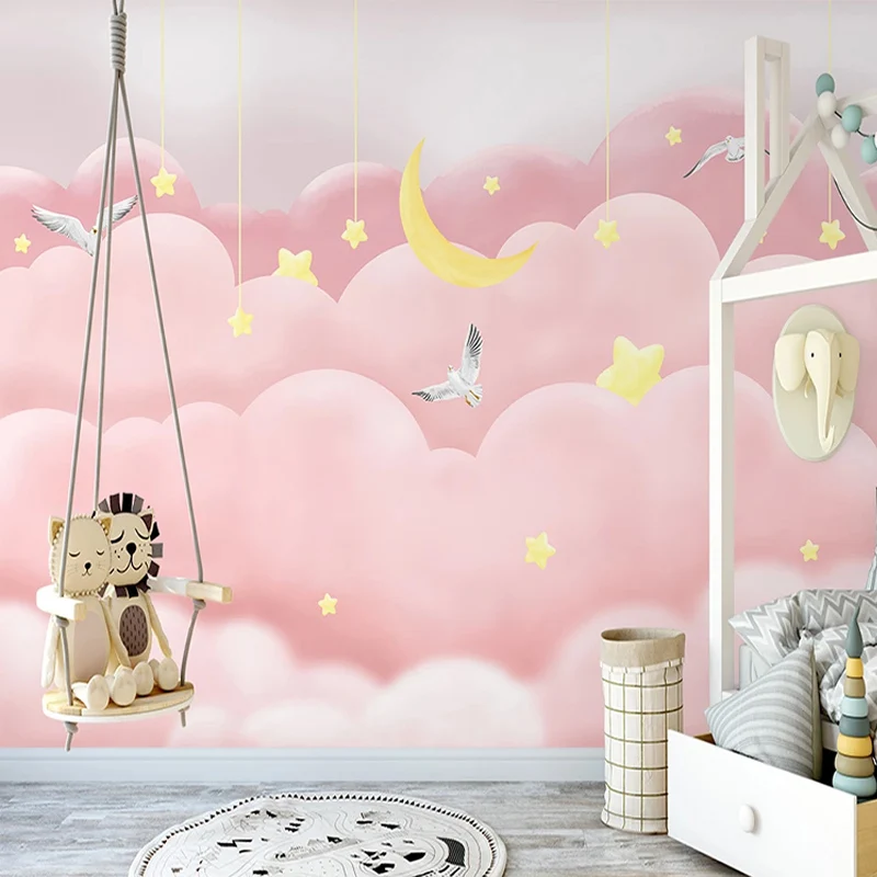 Photo Wallpaper Modern Nordic Style Hand-painted Pink Clouds Starry Sky Fantasy Children's Bedroom Background Wall Mural Fresco